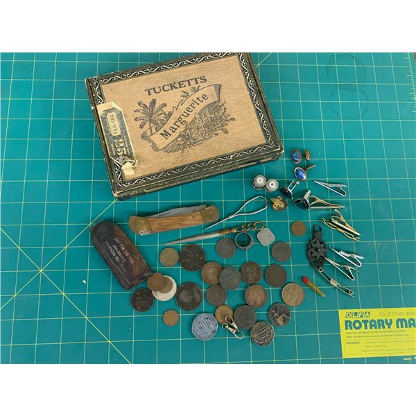 CIGAR BOX FULL OF SMALLS COINS CUFFLINKS ETC