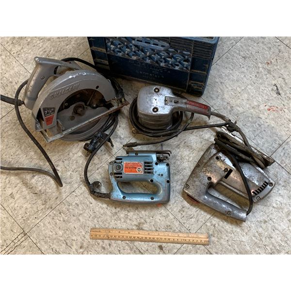OLDER POWER TOOLS AND MILK CRATE