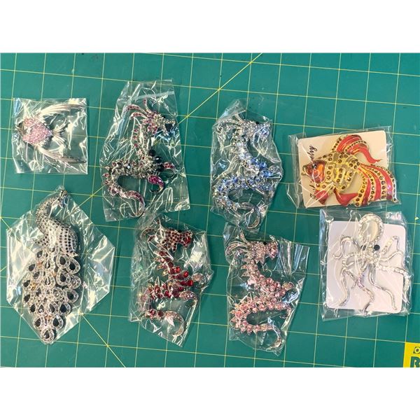 LOT OF RHINESTONE BROACHES FISH DRAGON SEAHORSE