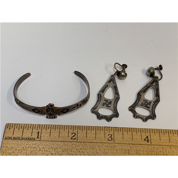 GOOD LUCK SWASTICA BRACELET AND EARRINGS - EARRINGS MARKED STERLING