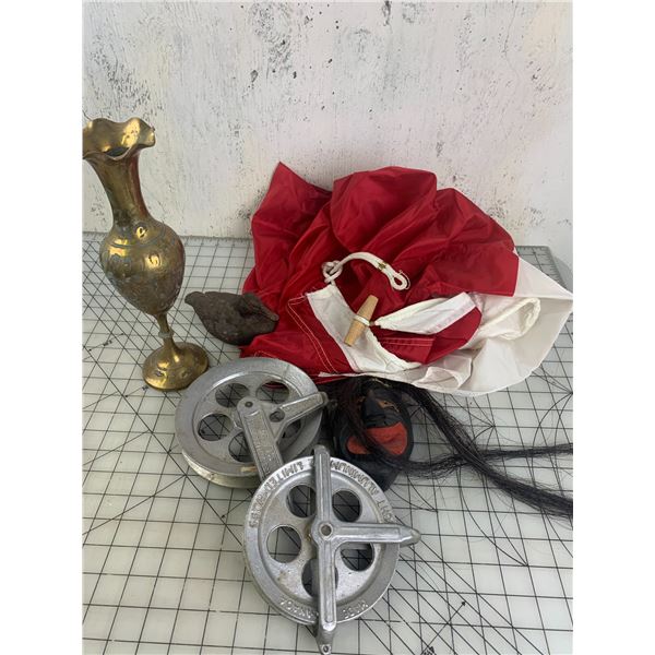 MISC LOT CLOTHES LINE REELS FLAG MASK ETC