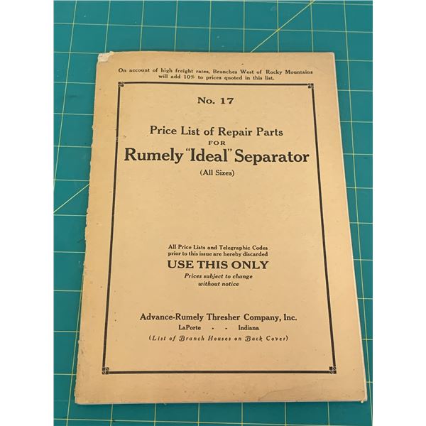 ORIGINAL 68 PAGE RUMELY IDEAL SEPERATOR THRESHING MACHINE PARTS LIST BOOK
