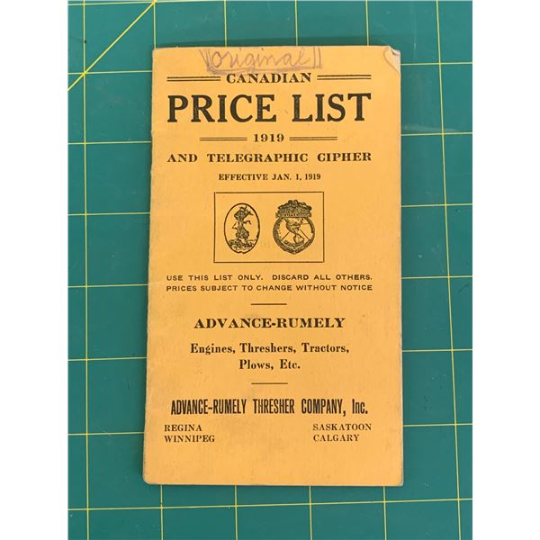 ORIGINAL 1919 ADVANCE RUMELY CANADIAN PRICE LIST POCKET BOOK TRACTORS THRESHERS