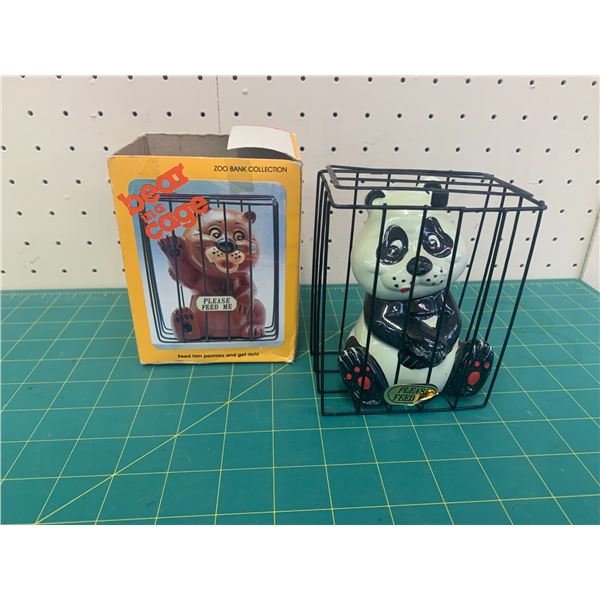 VINTAGE BEAR IN A CAGE PIGGY BANK WITH BOX