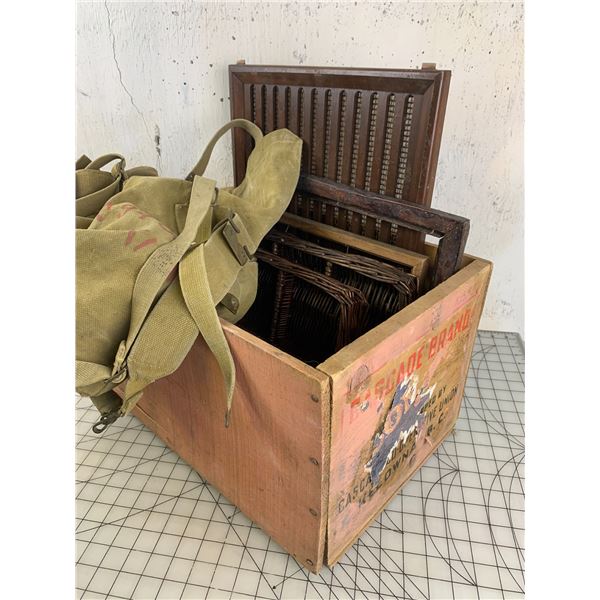 WOODEN CRATE WITH MILITARY BAG WICKER TRAYS ETC