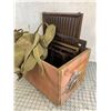 Image 1 : WOODEN CRATE WITH MILITARY BAG WICKER TRAYS ETC