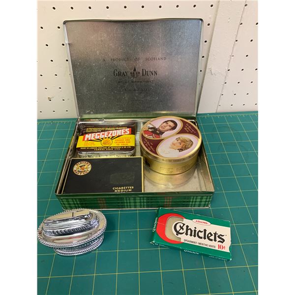 MISC LOT TINS PLAYERS TABLE LIGHTER ETC