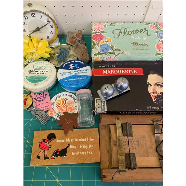 MISC LOT CIGAR BOX CLOCK ETC