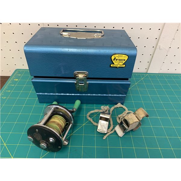 METAL BOX FISHING REEL AND WHISTLES