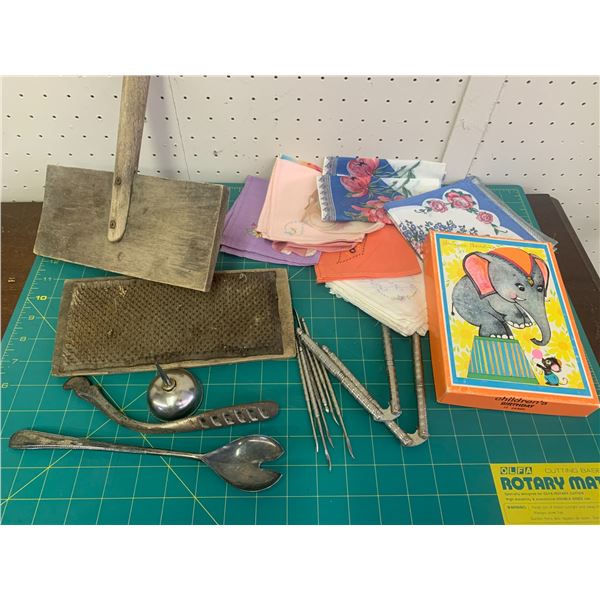 MISC LOT WOOL CARDERS HANKIES ETC