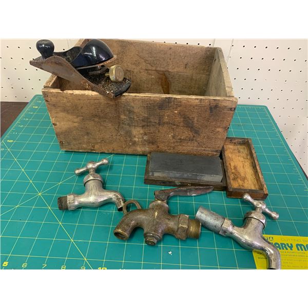 WOOD CRATE WITH OLD WOOD PLANE SPOUTS SPIT STONE