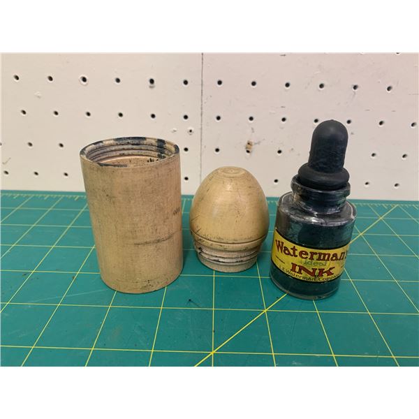 ANTIQUE WATERMANS INKBOTTLE AND TRAVELLING CASE