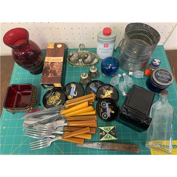 MISC LOT MATCH HOLDER FLOUR SIFTER CAR COASTERS ETC