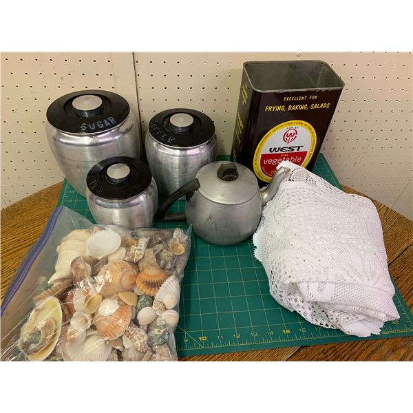 MISC LOT CANISTERS SEASHELLS ETC
