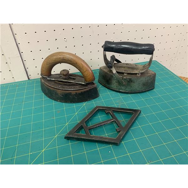 ANTIQUE SAD IRONS AND TRIVET