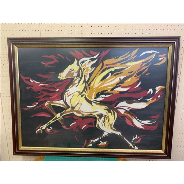 LARGE FRAMED FLAMING HORSE CROSS STITCH PICTURE 51" x 37"