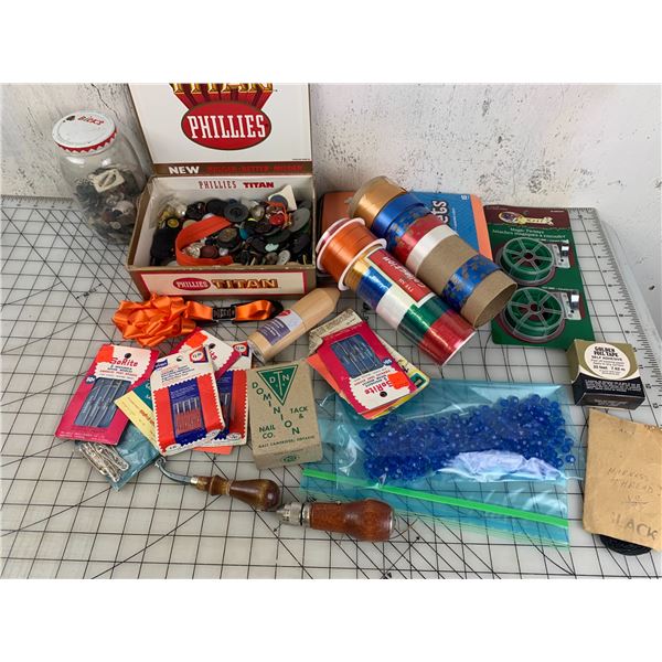 LOT OF CRAFTING LEATHER RIBBON BUTTONS ETC