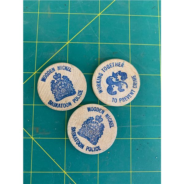LOT OF 3 VINTAGE SASKATOON POLICE WOODEN NICKELS