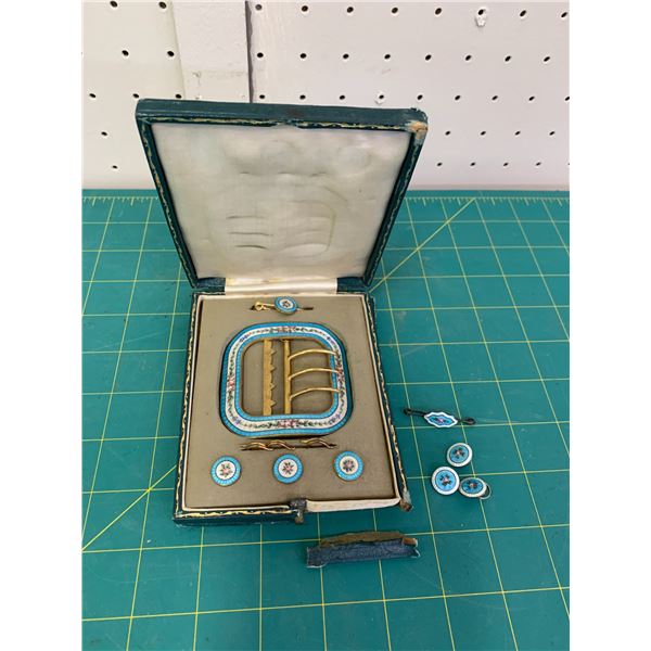 ANTIQUE ENAMEL BELT BUCKLE AND BUTTONS BOXED SET