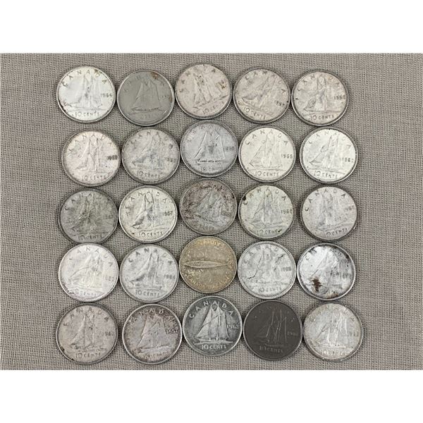 LOT OF 25 SILVER CANADIAN DIMES