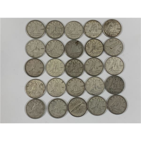LOT OF 25 SILVER CANADIAN DIMES