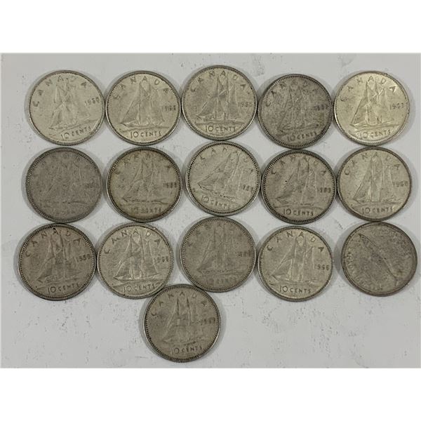 LOT OF 16 SILVER CANADIAN DIMES