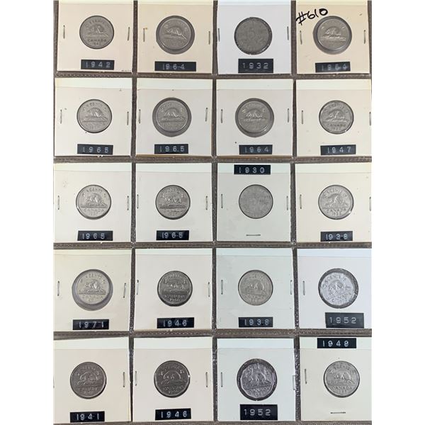 PAGE LOT OF 20 CANADIAN 5 CENT NICKELS
