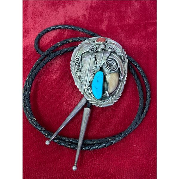 SIGNED M THOMAS NAVAJO SILVER LARGE STERLING TURQUOISE BOLO TIE