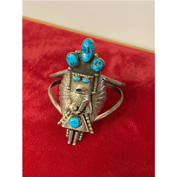 SIGNED DORIS SMALLCANYON STERLING SILVER TURQUOISE NAVAJO KACHINA BRACELET