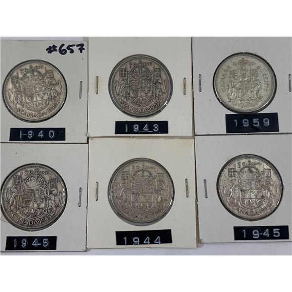 LOT OF 6 CANADIAN SILVER 50 CENT PIECES