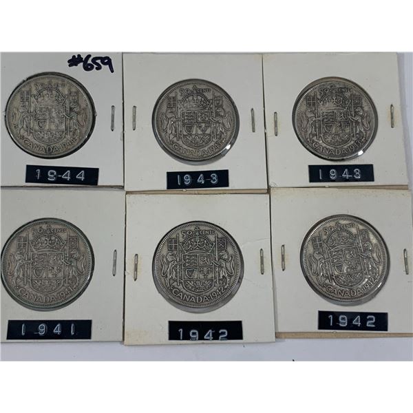 LOT OF 6 CANADIAN SILVER 50 CENT PIECES