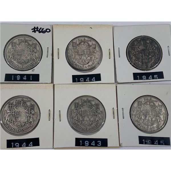 LOT OF 6 CANADIAN SILVER 50 CENT PIECES
