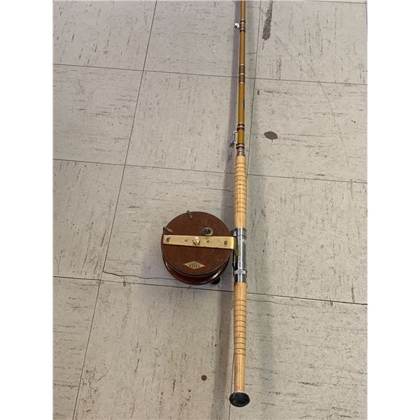 MAHOGANY AND BRASS VINTAGE PEETZ FISHING REEL AND ROD