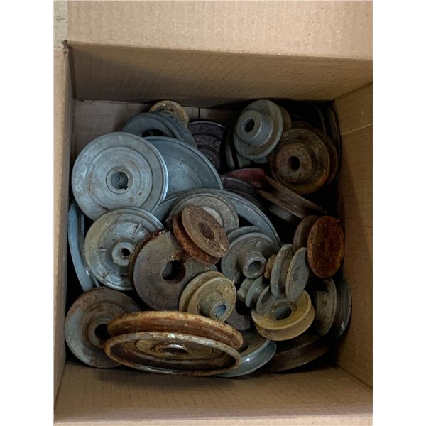 BOX OF PULLEYS ETC