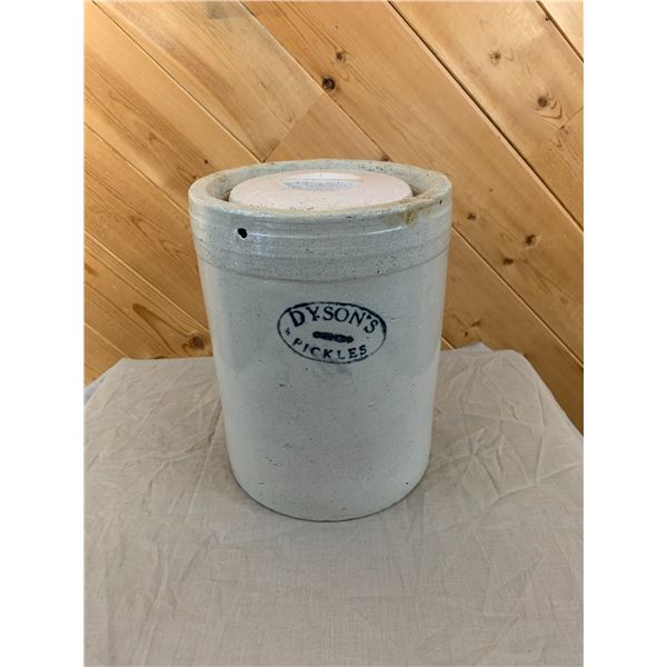 ANTIQUE ADVERTISING CROCK DYSON'S PICKLES WITH LID