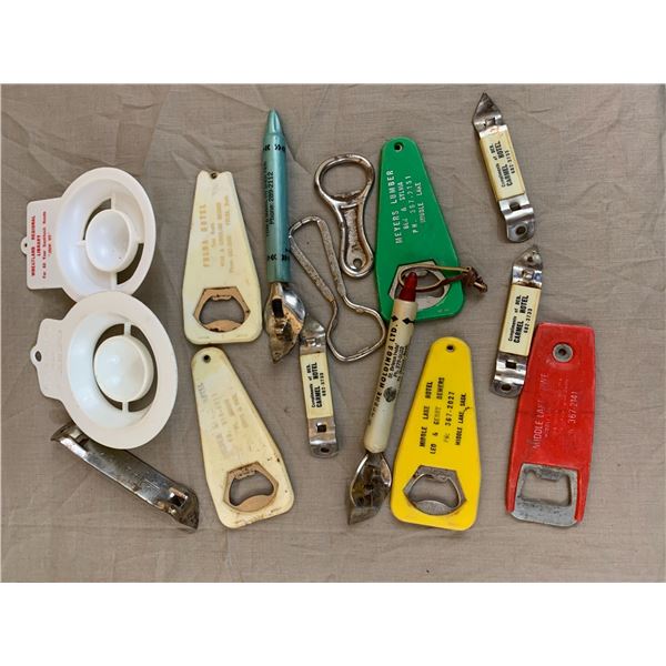 LOT OF SMALL TOWN SASK ADVERTISING BOTTLE OPENERS ETC