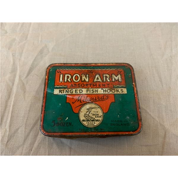VINTAGE IRON ARM FISH HOOK TIN
