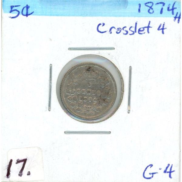 1874-H Victoria Five Cent Coin (G-4) (Crosslet 4)