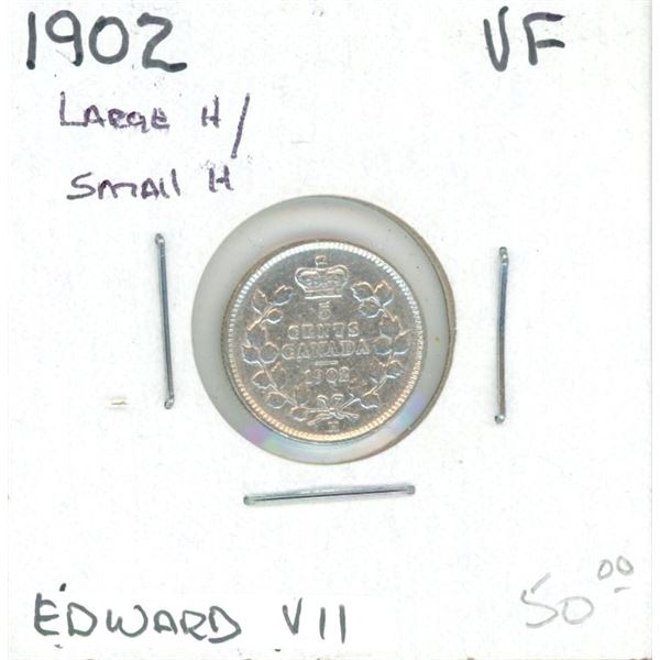 1902 Edward VII Five Cent Coin (Large H, Small H) (VF)