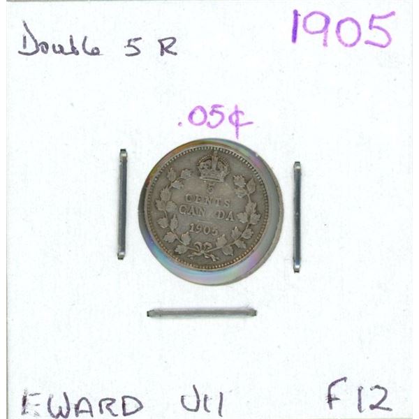 1905 Edward VII Five Cent Coin (Double 5 R) (F-12)