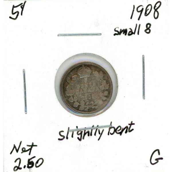 1908 Edward VII Five Cent Coin (G) (Small 8) (Slightly Bent)