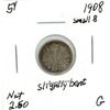 Image 1 : 1908 Edward VII Five Cent Coin (G) (Small 8) (Slightly Bent)