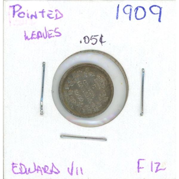 1909 Edward VII Five Cent Coin (F-12) (Pointed Leaves)
