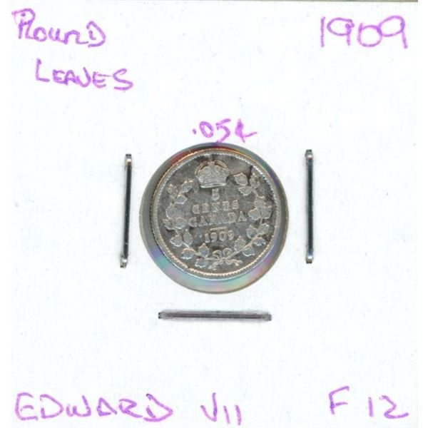 1909 Edward VII Five Cent Coin (F-12) (Round Leaves)