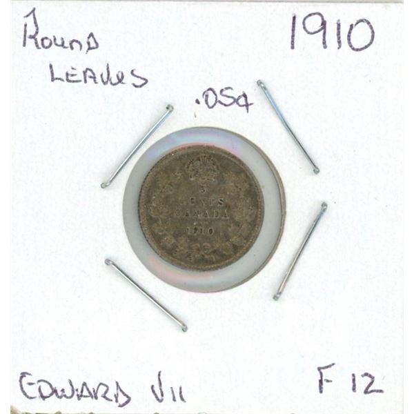 1910 Edward VII Five Cent Coin (F-12) (Round Leaves)