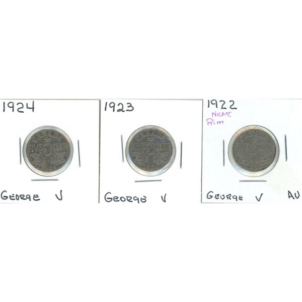 (3) George V Five Cent Coins 1922 + 1923 + 1924 (One Is Near Rim) (AU)