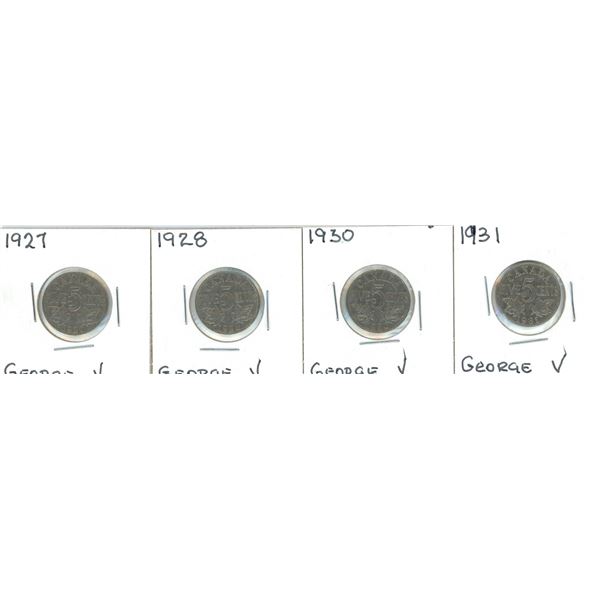 (4) George V Five Cent Coins 1927 + 1928 + 1930 + 1931