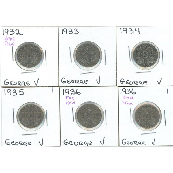 (6) George V Five Cent Coins 1932-1936 (2 Are Near Rim And 1 Is Far Rim)