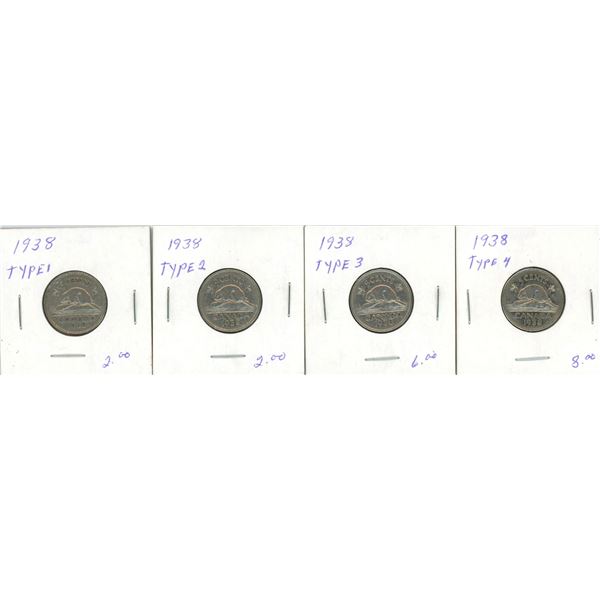 (4) 1938 George VI Five Cent Coin (Types 1-4)