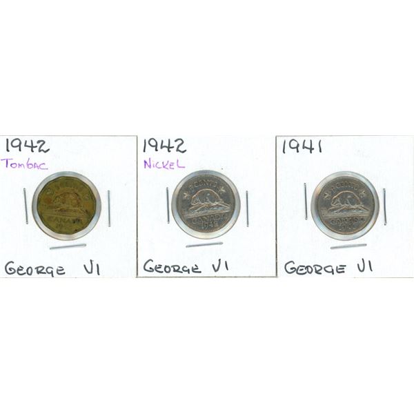 (3) George VI Five Cent Coins 1941 +1942 (Nickel) (Tombac)